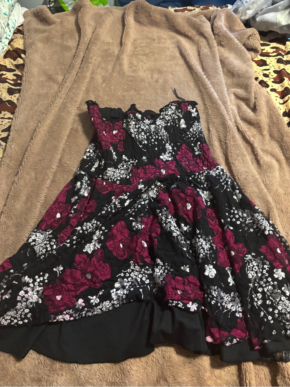 Strapless Floral Skater Dress in Black and Burgundy